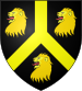 Inverted pall between three lion's heads, yellow on black