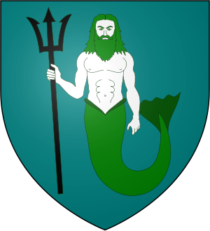 House Manderly's sigil; a white merman with dark green hair, beard, and tail, carrying a black trident, over a blue-green field.