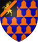Vairy orange and blue; upon a black canton, a golden stag beneath an orange bend sinister
