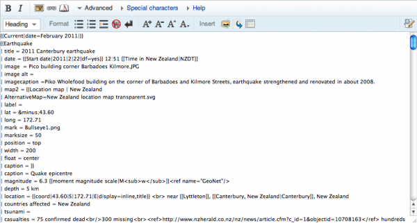 Text in a large rectangle next to a scrollbar. It starts with a line "==Editing==", then a line "Editing most A Wiki of Ice and Fire pages is easy. Simply click on the edit this page tab at the top...", and then about 30 more lines.